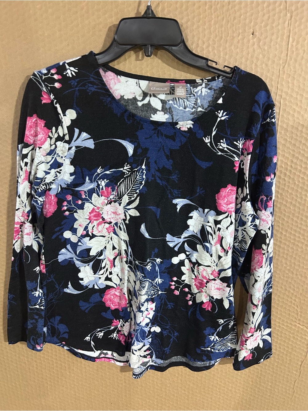 Chico's Black Floral Long-Sleeve Tee with Pink & White Blooms